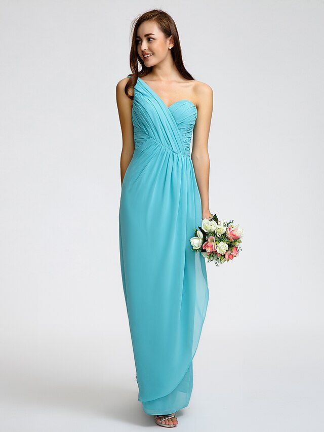  Sheath / Column Bridesmaid Dress One Shoulder Sleeveless Elegant Ankle Length Georgette with Criss Cross