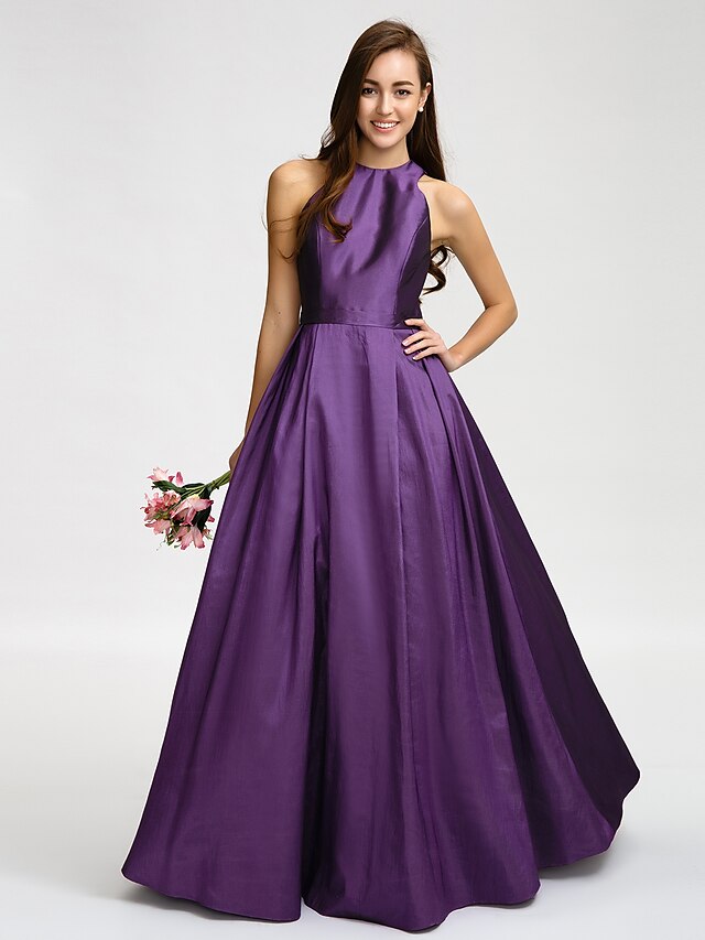  A-Line Jewel Neck Floor Length Taffeta Bridesmaid Dress with Sash / Ribbon by LAN TING BRIDE®