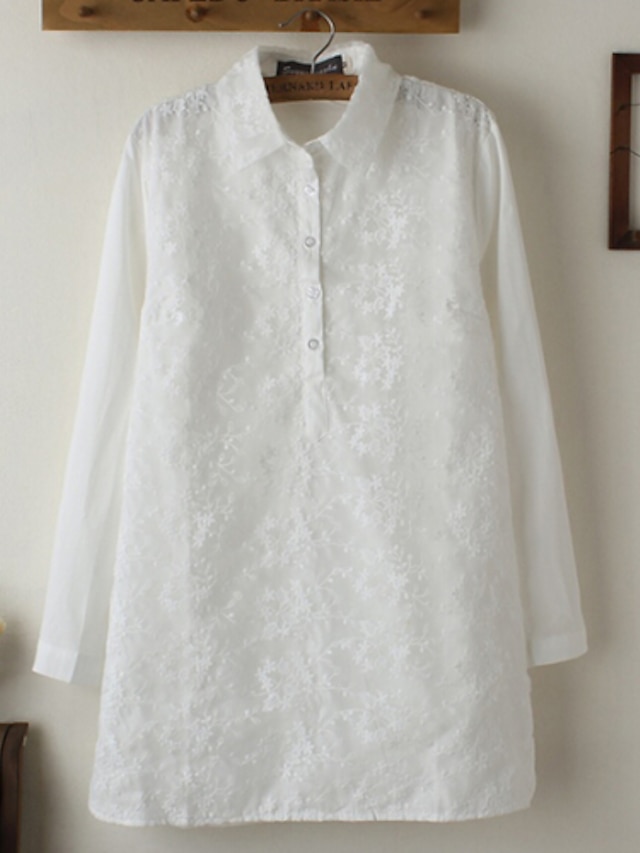  Mulheres Camisa Casual Simples Outono,Sólido Branco Poliéster Colarinho de Camisa Manga Longa Fina