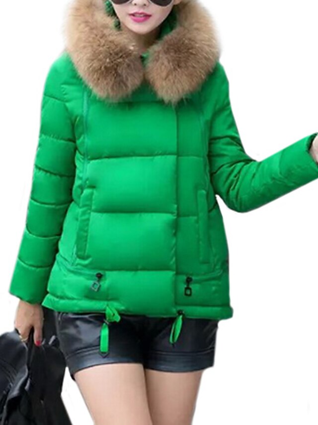  Women's Winter Padded Parka Plus Size Solid Colored Faux Fur Cotton Long Sleeve Hooded Black / Yellow / Red M / L / XL