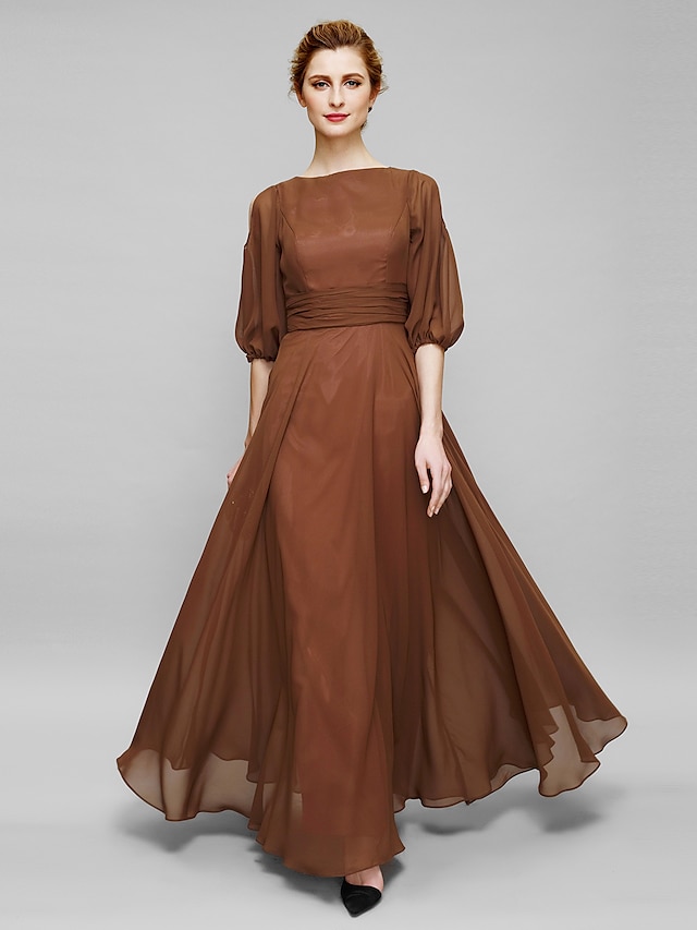  Sheath / Column Mother of the Bride Dress Plus Size Elegant Bateau Neck Ankle Length Chiffon Half Sleeve with Ruched 2022