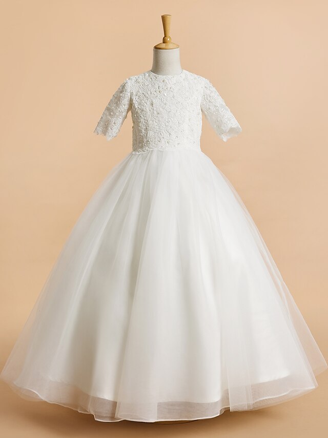  A-Line Tea Length Wedding / First Communion Flower Girl Dresses - Tulle Short Sleeve Jewel Neck with Lace