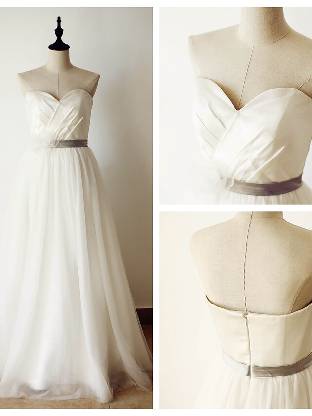  Φορεματα για γαμο Μακρύ Γραμμή Α Αμάνικο Καρδιά Σατέν Με Ζώνη / Κορδέλα Χιαστί 2023 Νυφικά φορέματα