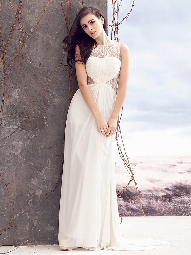  Esküvői ruhák Szűk szabású Illusion nyak Ujjatlan Seprűuszály Sifon Menyasszonyi ruhák Val vel Csipke Cakkos 2023