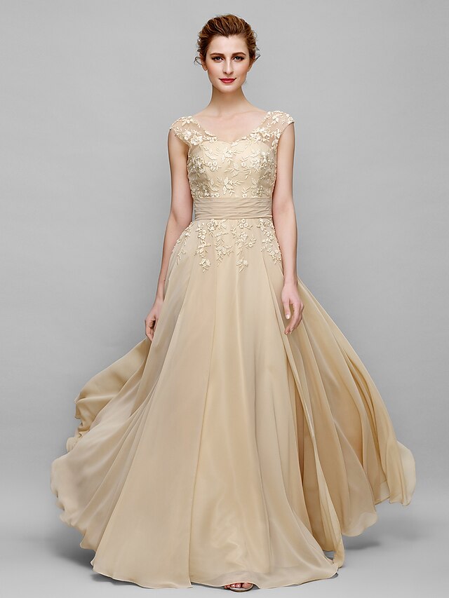  A-Line V Neck Floor Length Chiffon Mother of the Bride Dress with Appliques by LAN TING BRIDE®