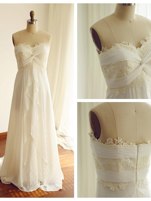  Esküvői ruhák Seprűuszály A-vonalú Ujjatlan Szív-alakú Sifon Val vel Csipke Cakkos 2023 Menyasszonyi ruhák