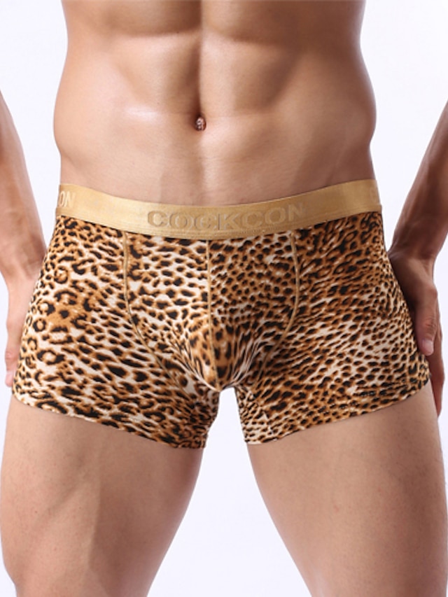  Men's Normal Sexy Boxers Underwear - Basic, Leopard 1 Piece Mid Rise Gold M L XL