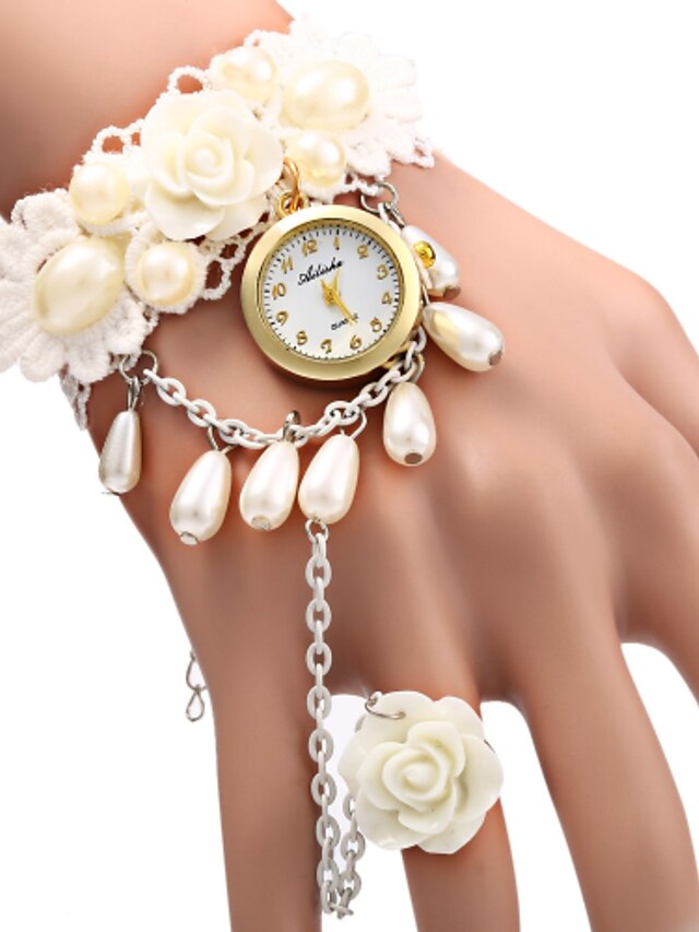  Mujer Reloj de Moda Reloj Pulsera Cuarzo Blanco Reloj Casual Analógico Flor Perlas - Blanco