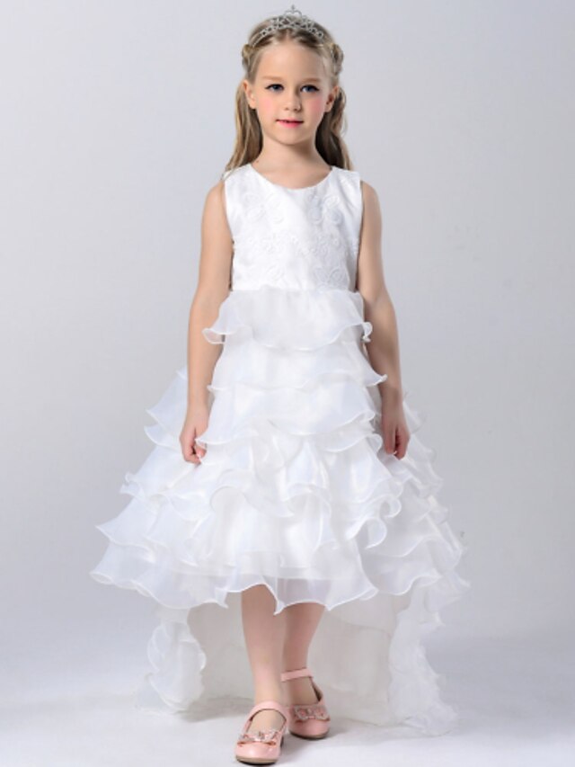  A-Line Court Train Flower Girl Dress - Polyester / Tulle Sleeveless Jewel Neck with Bow(s) / Cascading Ruffles by