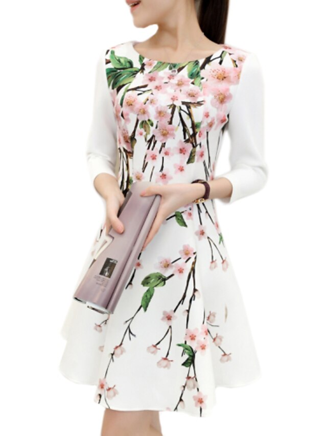  Women's Floral Plus Size Going out Chinoiserie Slim Skater Dress - Floral Print Spring White XL XXL XXXL