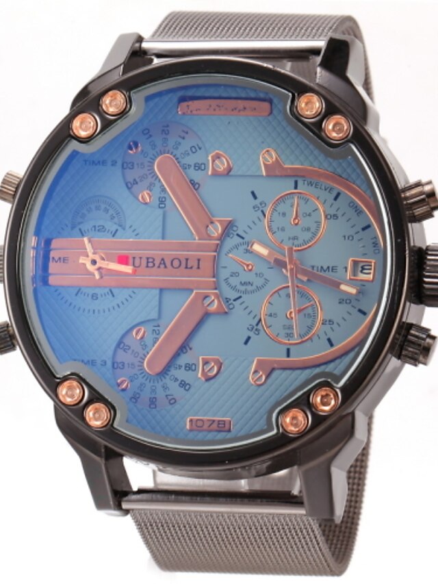  JUBAOLI 男性用 軍用腕時計 リストウォッチ クォーツ チャーム 2タイムゾーン ステンレス ブラック ハンズ - ブラック イエロー ダークブルー