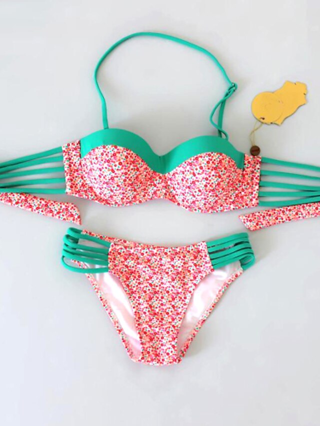  Mulheres Roupa de Banho Biquíni roupa de banho Imprimir Rosa claro Azul Laranja Verde Halter pescoço Fatos de banho Com Bojo Floral