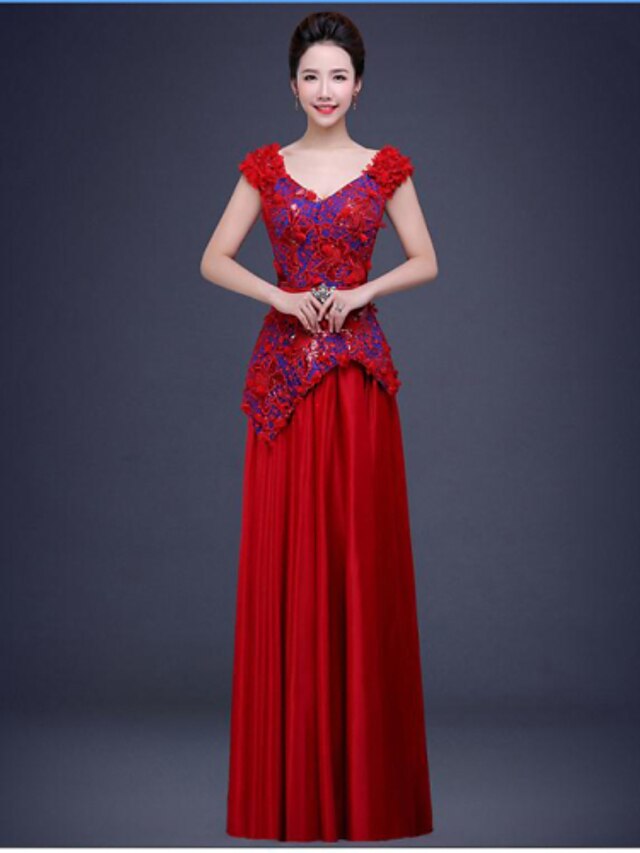  Ball Gown Formal Evening Dress V Neck Floor Length Chiffon Lace with Lace Sash / Ribbon Beading 2020
