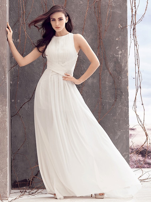  Wedding Dresses A-Line Jewel Neck Sleeveless Sweep / Brush Train Chiffon Bridal Gowns With Draping Criss-Cross 2023