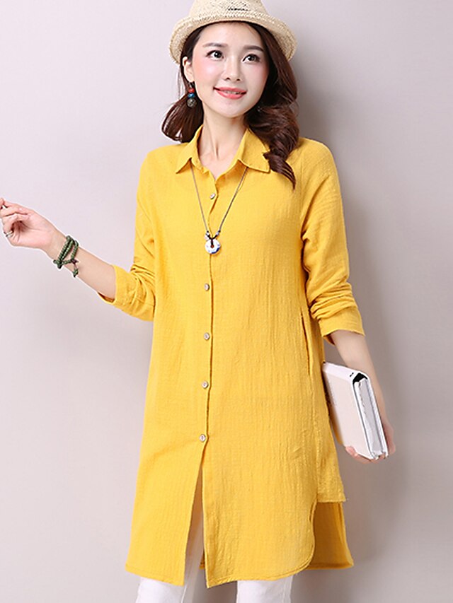  Women's Casual Cotton / Linen Shirt - Solid Colored Shirt Collar / Spring