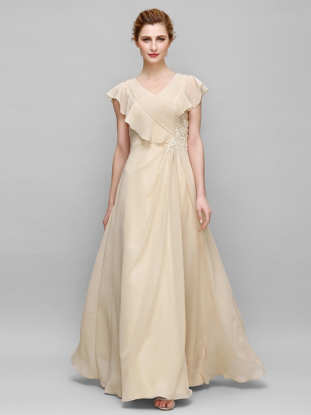  Sheath / Column Mother of the Bride Dress Elegant Plus Size V Neck Floor Length Chiffon Sleeveless with Criss Cross Appliques 2024