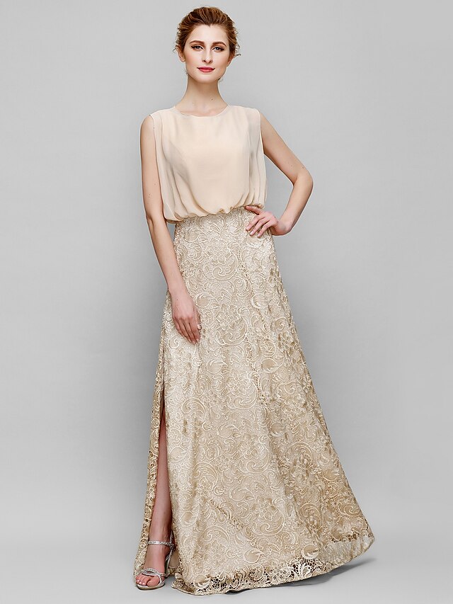  Sheath / Column Jewel Neck Floor Length Chiffon / Lace Mother of the Bride Dress with Lace by LAN TING BRIDE®