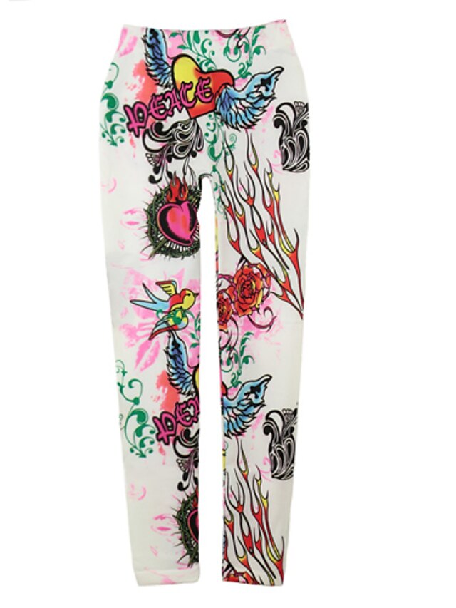  Women Leggings Graffiti Tattoo Bird Print High Elastic Slim Punk Pants Trousers