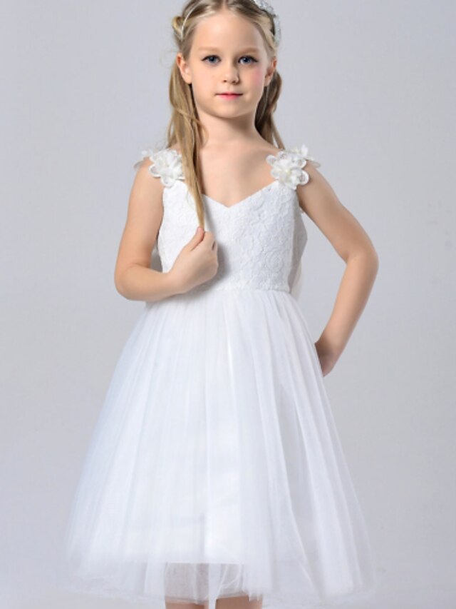  A-Line Knee Length Flower Girl Dress - Polyester / Tulle Sleeveless V Neck with by