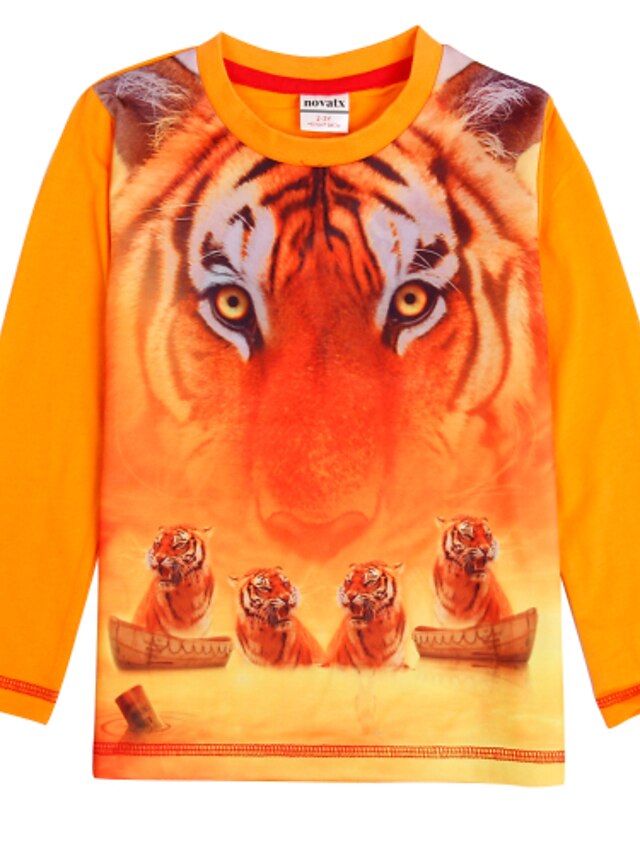  Boy's Cartoon T shirt Long Sleeve Tiger Print Children Tees(Random Print)