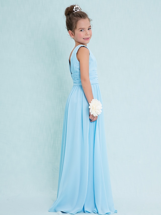 V-neck Chiffon Floor-Length Junior Bridesmaid Dresses Ocean Blue
