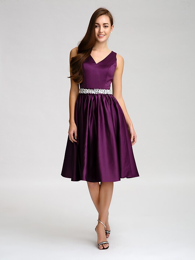  A-Line V Neck Knee Length Satin Bridesmaid Dress with Beading / Bow(s) / Buttons by LAN TING BRIDE®