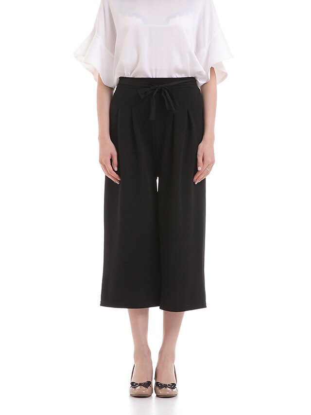  Women's Solid Black Wide Leg Pants,Casual / Day