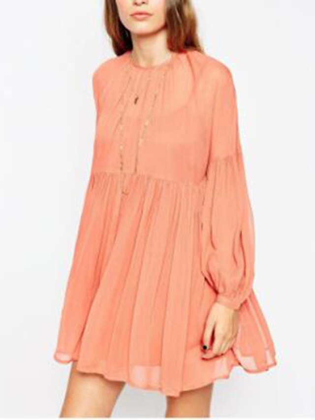  Simple Lantern Sleeve Shift Dress - Solid Colored Pleated Spring Orange