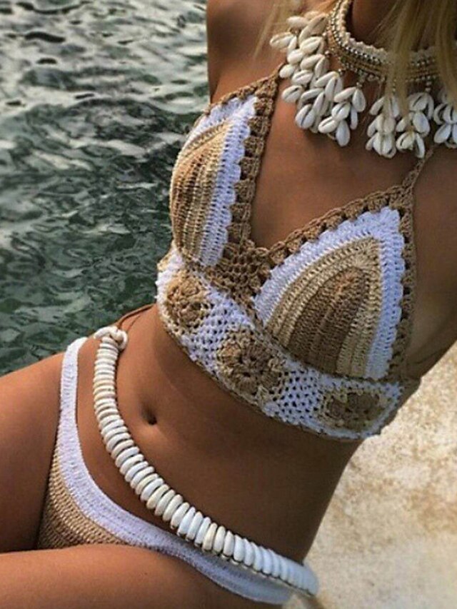  Women's Color Block Crochet Bikini Swimsuit Sexy Patchwork Bandeau Swimwear Bathing Suits Blue Beige