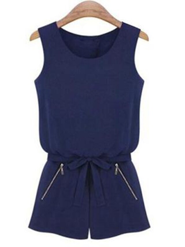  Women's Solid Blue Jumpsuits , Vintage / Casual / Day Round Neck Sleeveless