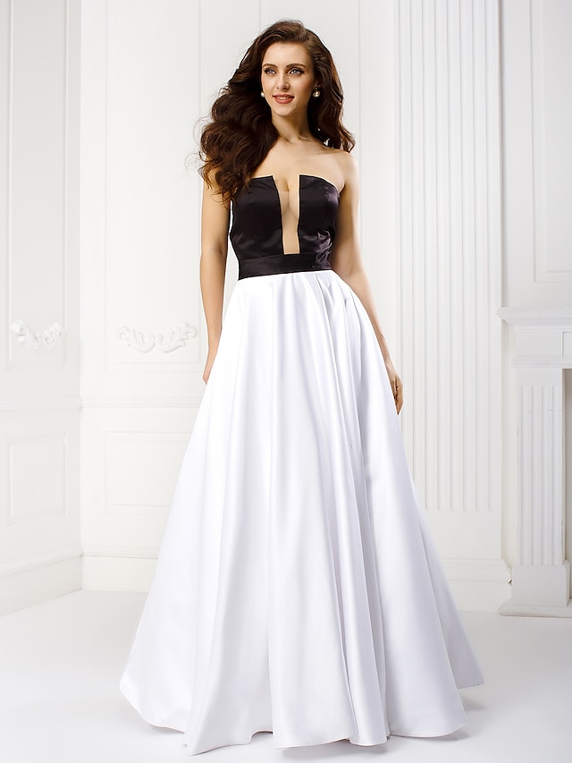  A-Line Strapless Floor Length Satin Prom Formal Evening Dress with Sash / Ribbon Pleats by TS Couture®