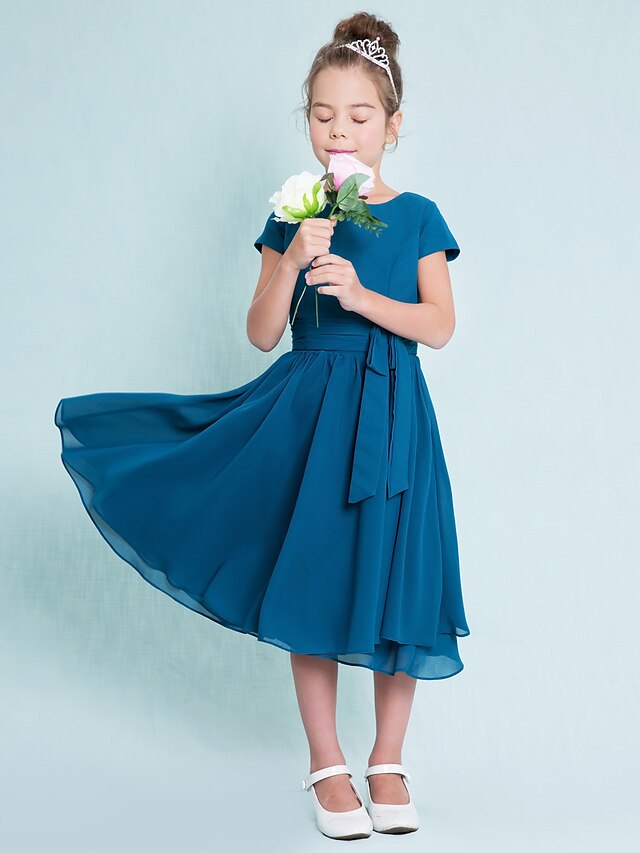  A-Line Jewel Neck Tea Length Chiffon Junior Bridesmaid Dress with Buttons / Natural