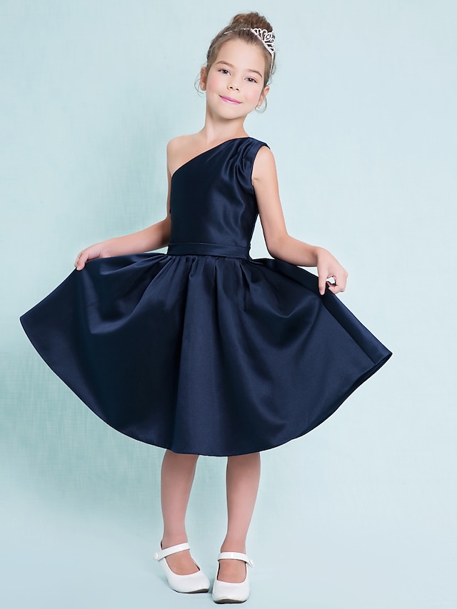  A-Line Knee Length One Shoulder Satin Junior Bridesmaid Dresses&Gowns With Sash / Ribbon Kids Wedding Guest Dress 4-16 Year