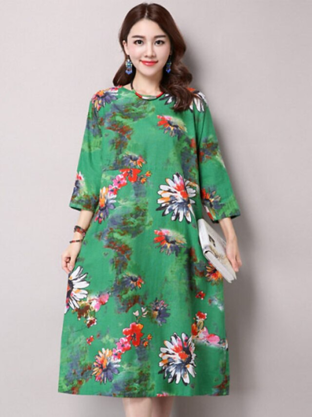 Women's Daily Boho Loose Dress Print Summer Cotton Red Green L XL XXL