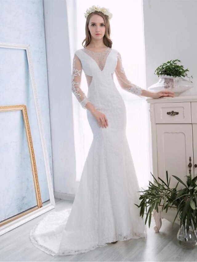  Trumpet / Mermaid Wedding Dress Chapel Train Halter Lace / Satin with Appliques / Lace / Pearl