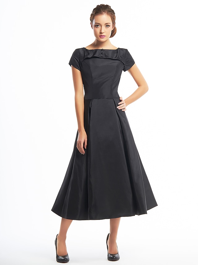  Schwarzes A-Linien-Kleid im Vintage-Stil für Heimkehr, Hochzeitsgäste, Teelänge, kurze Ärmel, U-Boot-Ausschnitt, Taft mit Knöpfen, 2024