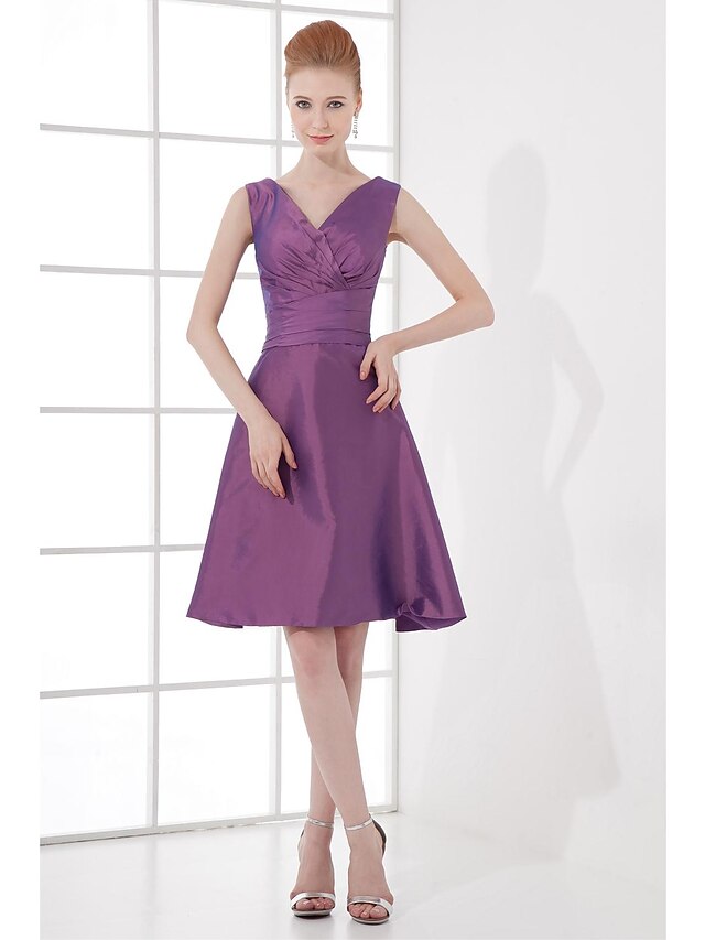  A-Line V Neck Knee Length Taffeta Bridesmaid Dress with Bow(s) / Side Draping by LAN TING BRIDE®