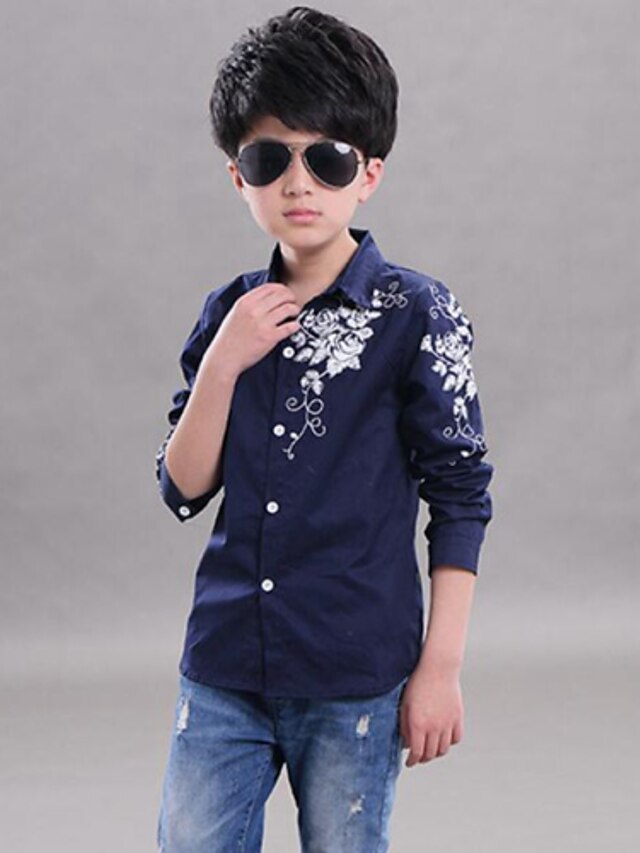  Boys' Floral Print Long Sleeve Regular Shirt White