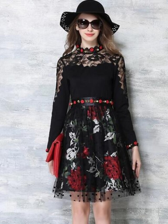  Women's Street chic A Line Dress - Floral Lace / Flower Stand Spring Black M L XL