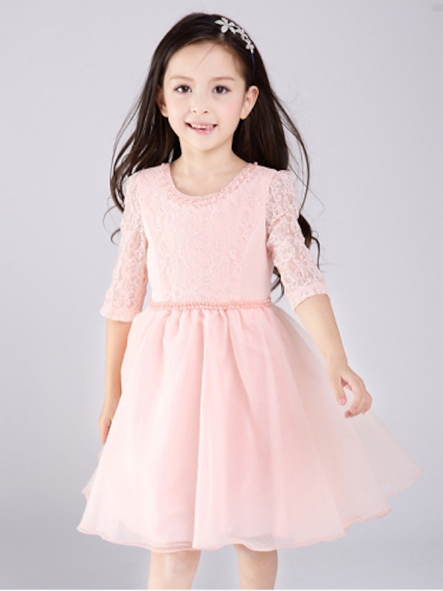  A-Line Short / Mini Flower Girl Dress - Lace / Tulle Half Sleeve Jewel Neck with Bow(s) by