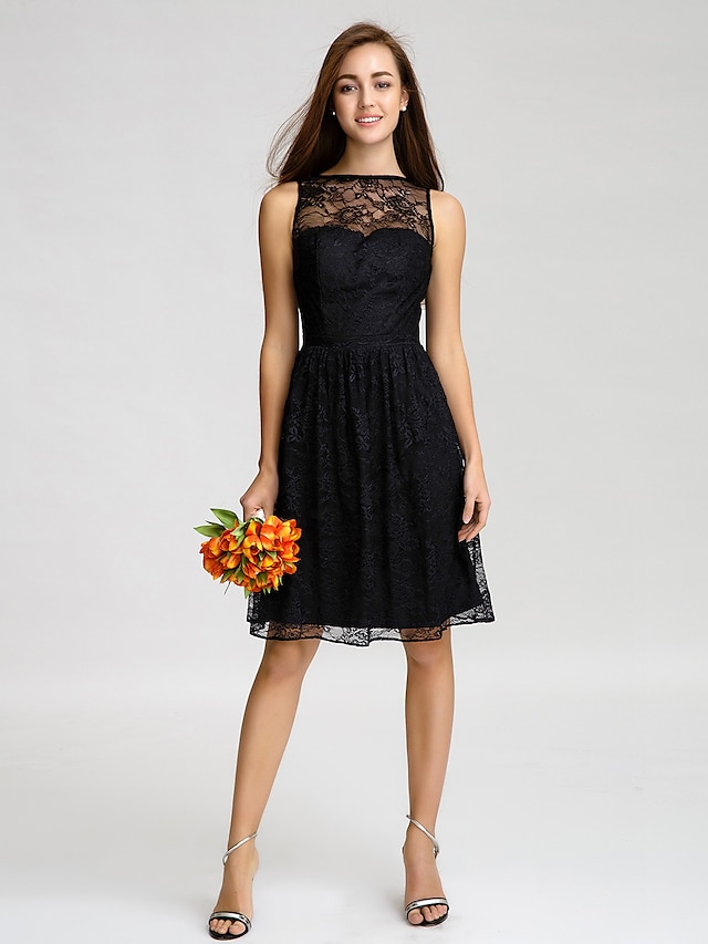  A-Line Bridesmaid Dress Bateau Neck Sleeveless Little Black Dress Knee Length Lace with Lace