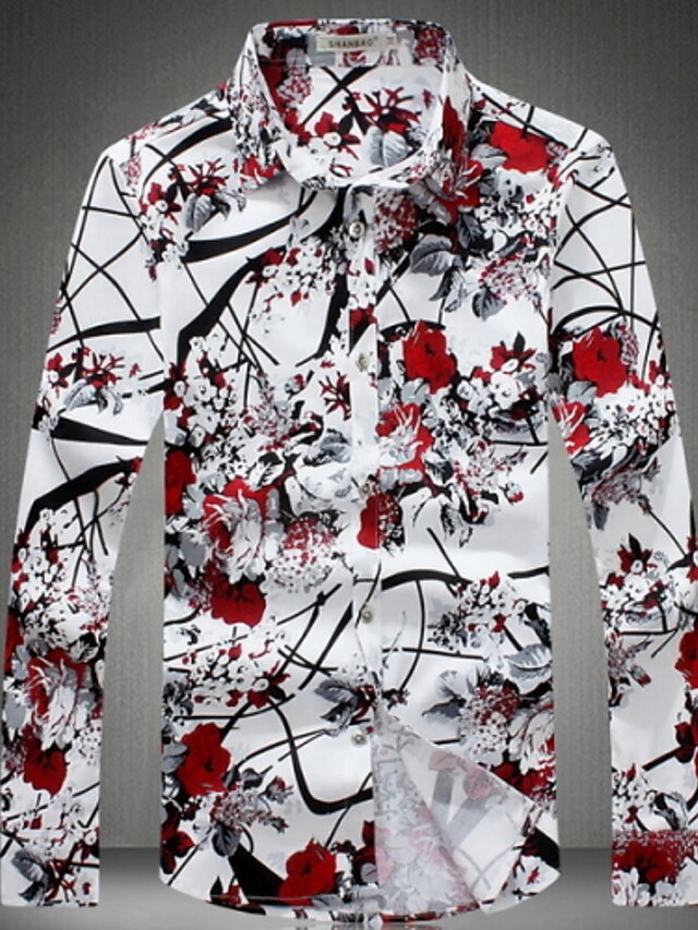  Men's Shirt Flower / Floral Plus Size Print Long Sleeve Daily Slim Tops Classic Collar Red Gray / Fall / Spring