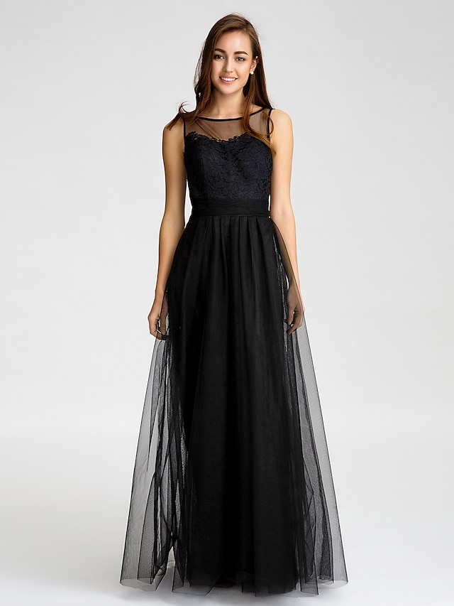  A-Line Bateau Neck Floor Length Tulle Bridesmaid Dress with Lace / Sash / Ribbon by LAN TING BRIDE®