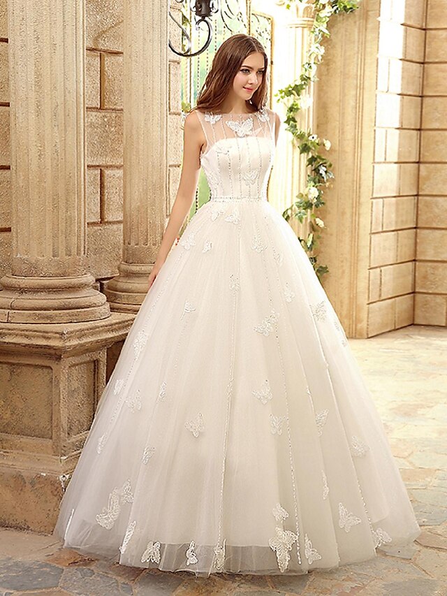  A-Line Bateau Neck Floor Length Tulle Made-To-Measure Wedding Dresses with Appliques by / See-Through