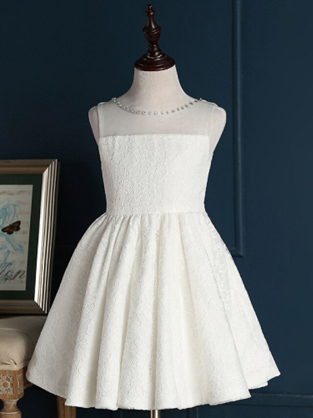  A-Line Short / Mini Flower Girl Dress - Lace Sleeveless Jewel Neck with Bow(s) / Sash / Ribbon by