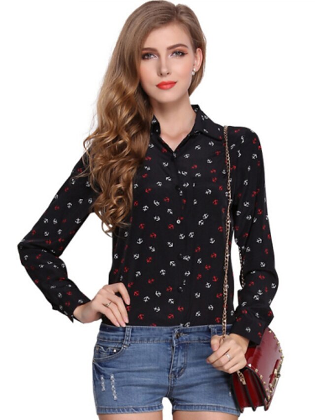  Women's Print Mesh Shirt Casual Daily Shirt Collar Black / Beige