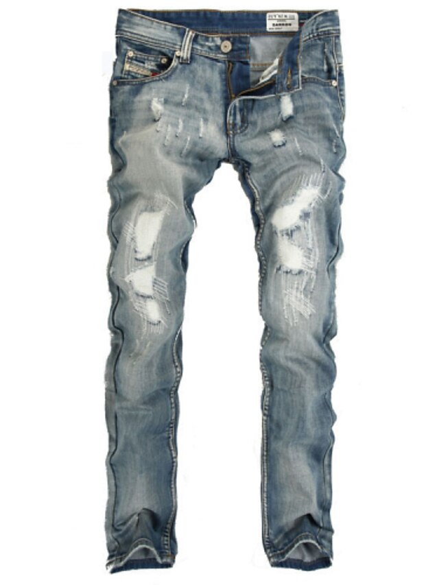  Homme Simple Grandes Tailles Quotidien Fin de semaine Mince Droite Jeans Pantalon - Couleur Pleine Déchiré Coton Bleu clair 28 / 29 / 30