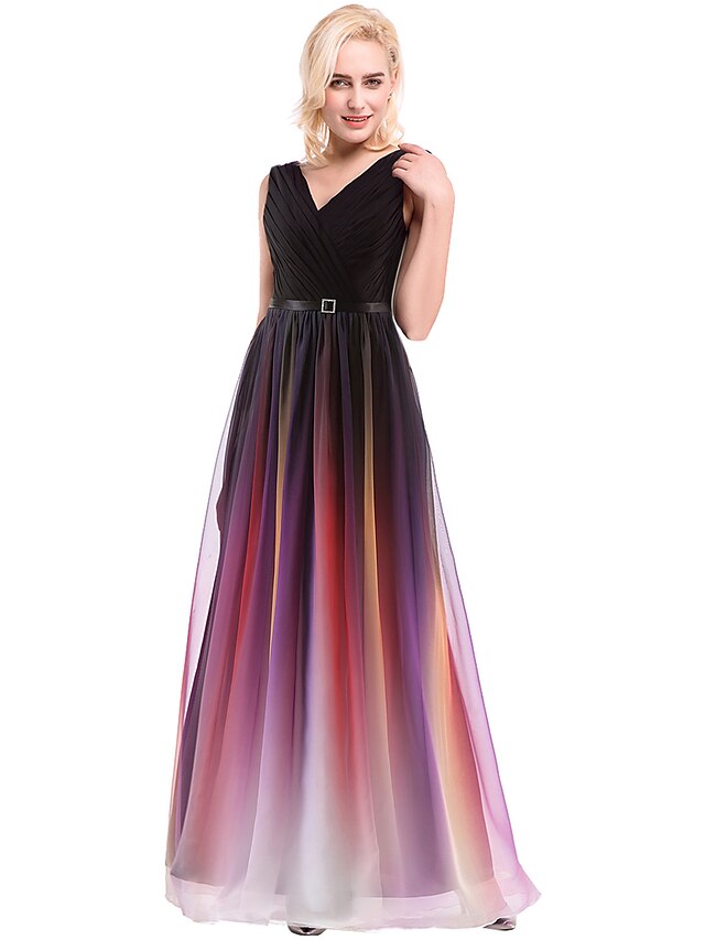  A-Line Prom Formal Evening Dress V Neck Sleeveless Floor Length Chiffon with Sash / Ribbon Ruched 2020 / Color Gradient