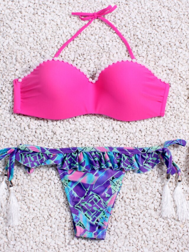  Women's Solid Boho Bikini Swimsuit Solid Colored Halter Neck Swimwear Bathing Suits Blue Pink