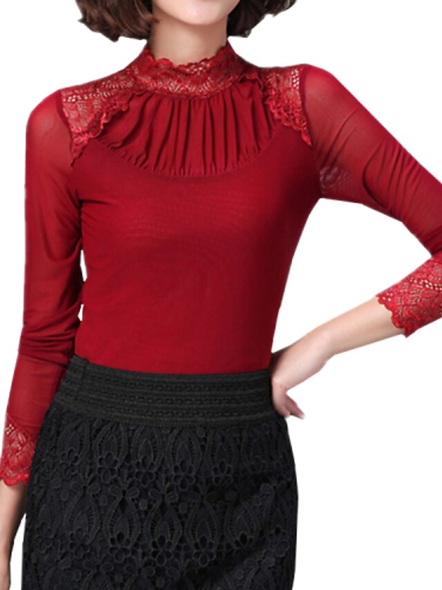  Women's Plus Size Blouse - Solid Colored Patchwork Lace Mesh Stand